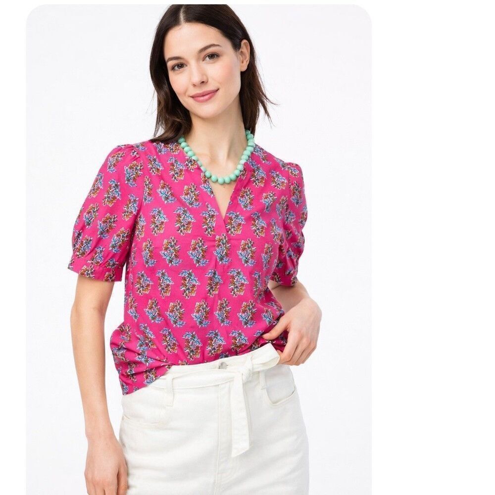 J.Crew Puff Sleeve Floral Top Blouse XS Pink Short Sleeve Cotton